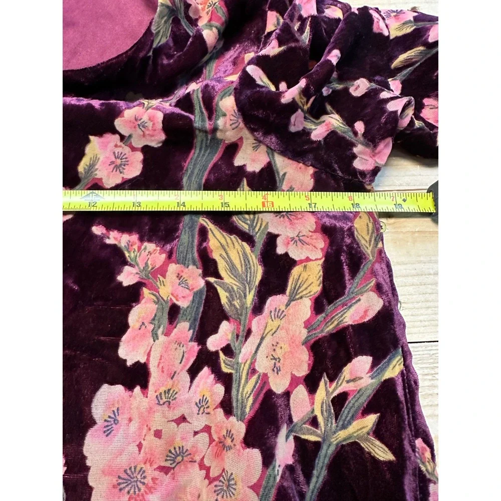 Loveriche Velvet Floral Dress Burgundy Pink Long Sleeve V Neck Mini Women's S‎